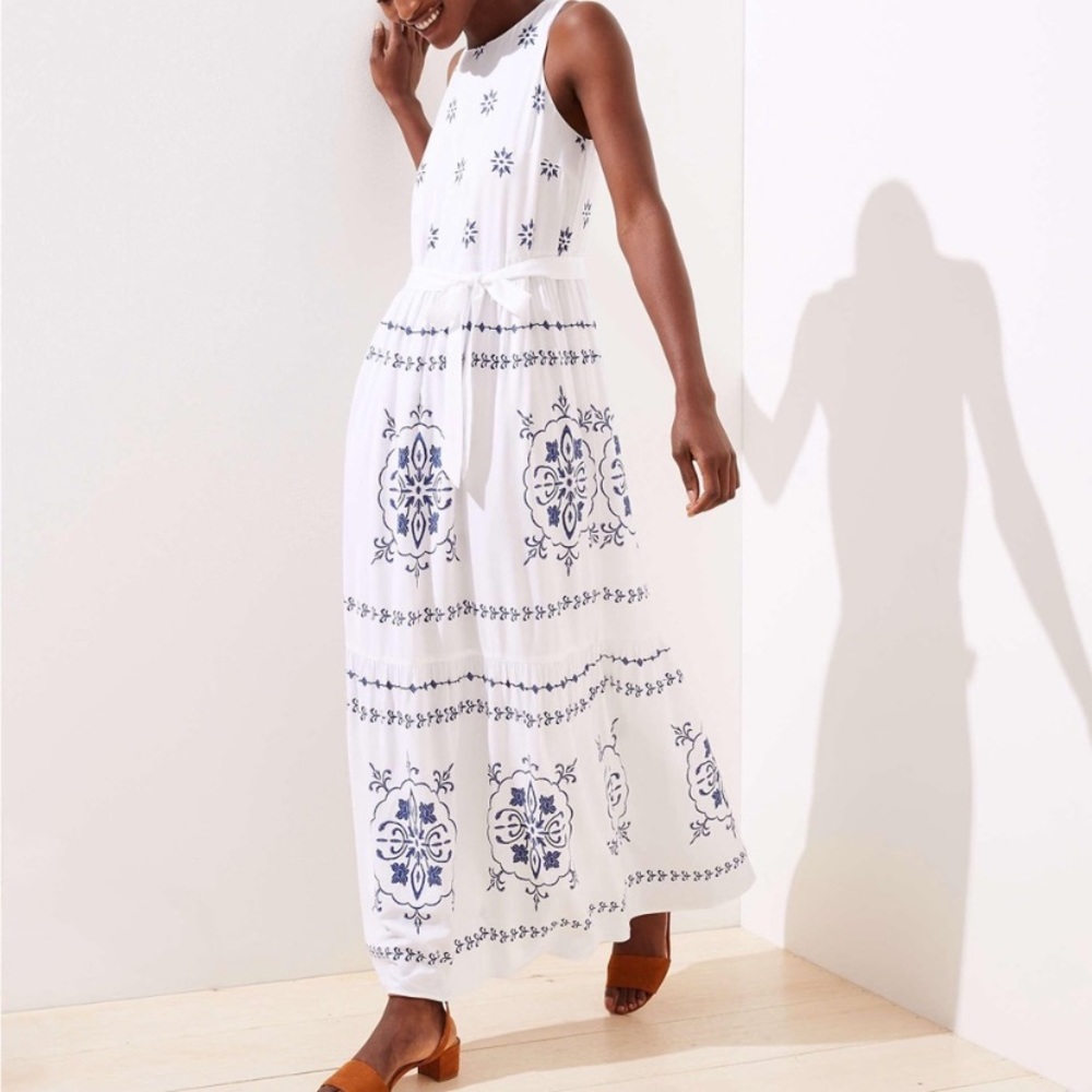 NWT Loft Blue and White Embroidered Dress XS